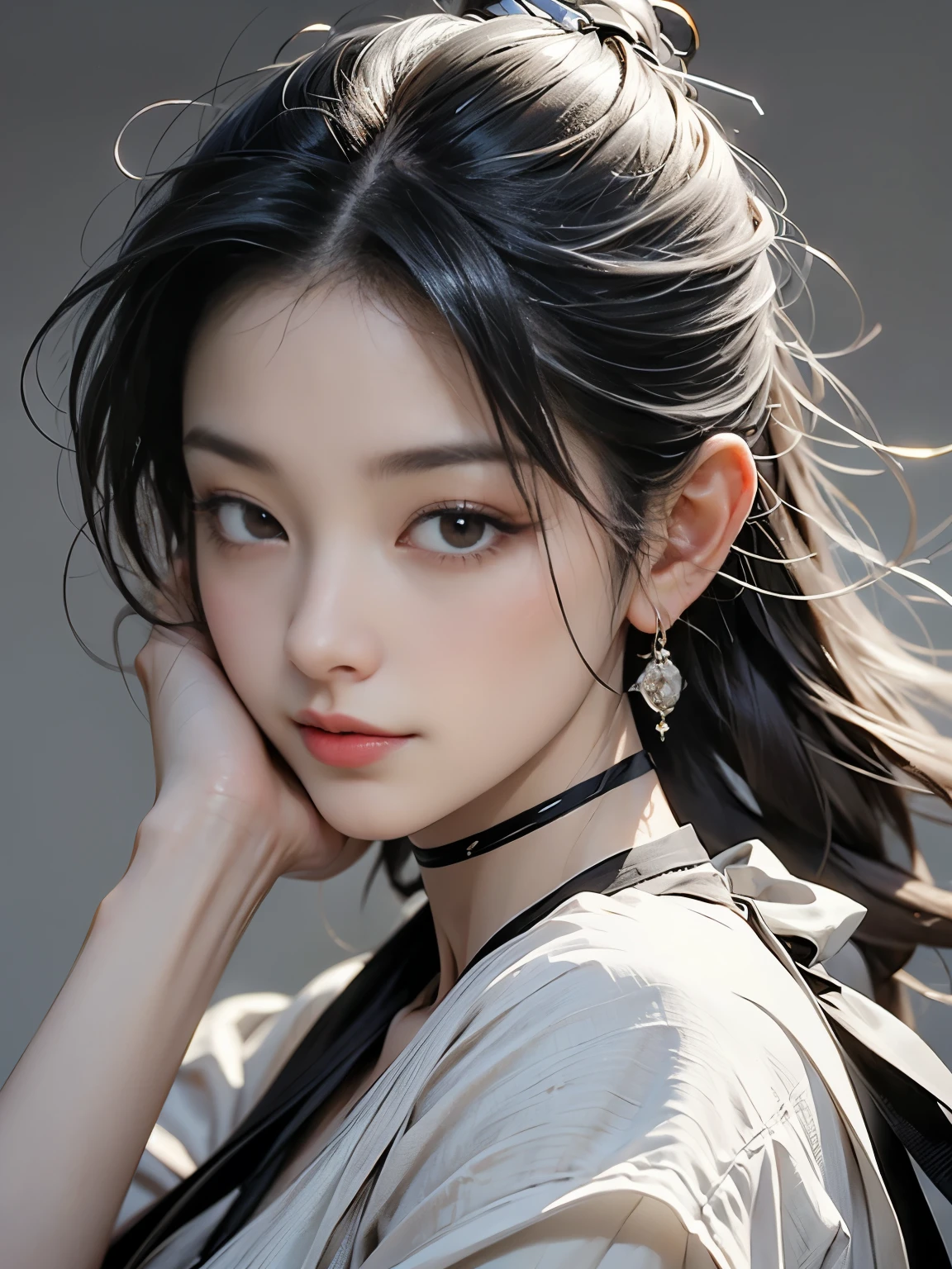 cute, ultra-detailed, figure, Complex, detailed, extremely detailed, detailed face, Soft Lighting, Soft Light, Soft Focus, Perfect Face, beautiful, Accurate anatomy, Exposure, 8k, 4K, (High resolution:1.1), highest quality, (masterpiece:1.3), One girl, alone, jewelry, Brown eyes, View Viewer, Earrings, Grey Hair, bangs, choker, Mouth closed, Portraiture, clock, hair ornaments, Simple Background, Gray background, Long Hair, Headrest, lips, hair bow, black choker, bow, eyelash,Yasutomo Oka's painting style, Big Breasts, dynamic sexy poses