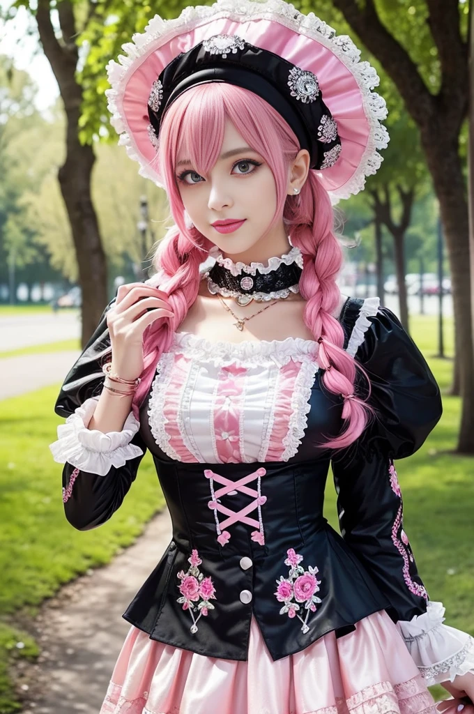 sexy stylish Swedish model, only 1 female, ((doll-like appearance)), long neon pink stylish hair, ((shiny Victorian-Style boots)), beautiful smile, ultra detailed eyes, vivid eye makeup, lipgloss, long lashes, defined eyebrows, ((sexy Paradise Kiss cosplay)), bell-shaped skirt, petticoats, high neckline, puffed sleeves, (( ultra detailed lace)), ((ultra detailed embroidery)), intricate details, Paradise Kiss accessoires and matching headpiece, choker, ((large sparkling Paradise Kiss jewelry)), cinematic light, detailed large park background with trees