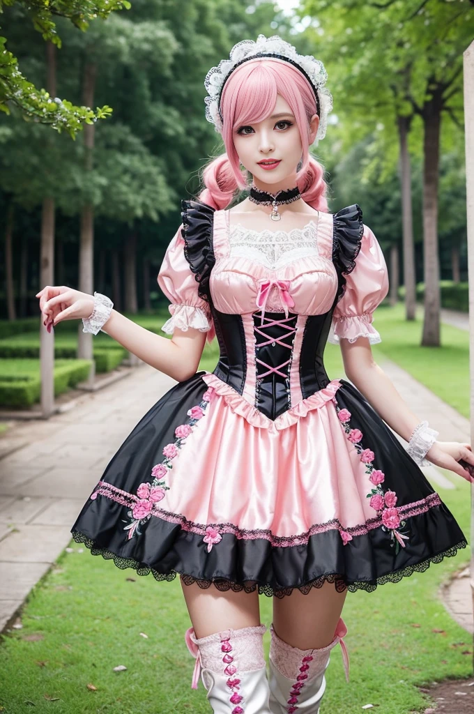 sexy stylish Swedish model, only 1 female, ((doll-like appearance)), long neon pink stylish hair, ((shiny Victorian-Style boots)), beautiful smile, ultra detailed eyes, vivid eye makeup, lipgloss, long lashes, defined eyebrows, ((sexy Paradise Kiss cosplay)), bell-shaped skirt, petticoats, high neckline, puffed sleeves, (( ultra detailed lace)), ((ultra detailed embroidery)), intricate details, Paradise Kiss accessoires and matching headpiece, choker, ((large sparkling Paradise Kiss jewelry)), cinematic light, detailed large park background with trees