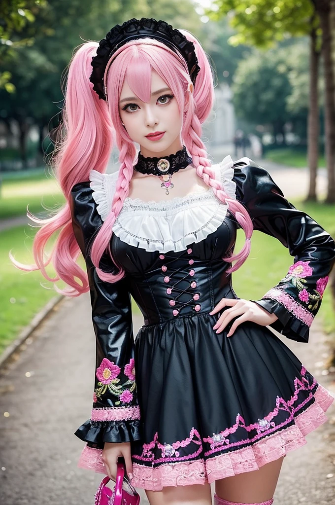 sexy stylish Swedish model, only 1 female, ((doll-like appearance)), long neon pink stylish hair, ((shiny Victorian-Style boots)), beautiful smile, ultra detailed eyes, vivid eye makeup, lipgloss, long lashes, defined eyebrows, ((sexy Paradise Kiss cosplay)), bell-shaped skirt, petticoats, high neckline, puffed sleeves, (( ultra detailed lace)), ((ultra detailed embroidery)), intricate details, Paradise Kiss accessoires and matching headpiece, choker, ((large sparkling Paradise Kiss jewelry)), cinematic light, detailed large park background with trees 