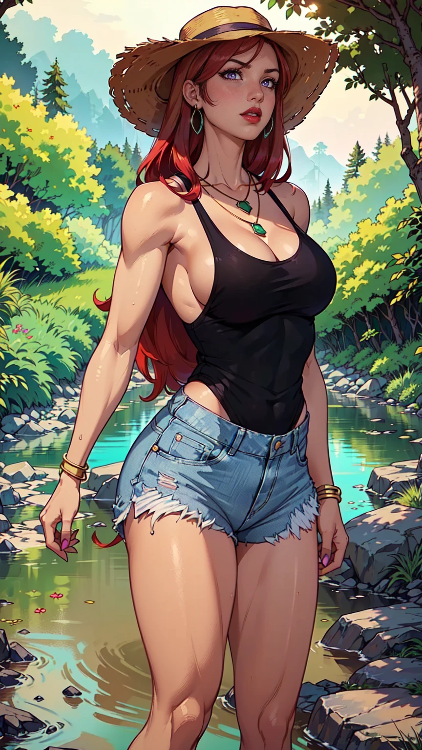 ((solo, 1woman, (TakashiroHiroko, dark purple eyes, red hair, long hair), lipstick, Extremely detailed, ambient soft lighting, 4k, perfect eyes, a perfect face, perfect lighting, a 1girl)), ((solo, (1woman, lipstick), Extremely detailed, ambient soft lighting, 4k, perfect eyes, a perfect face, perfect lighting, a 1girl)), , ((fitness,, shapely body, athletic body, toned body)), ((black tank top, denim shorts, straw hat, stream, river, forest, trees, flowers, gold jewelry, emerald earrings, bracelets, onyx necklace, rumpled clothes))