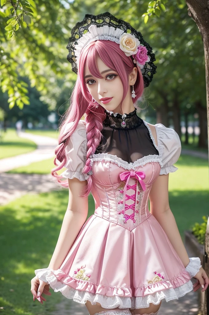 sexy stylish Spanish model, only 1 female, ((doll-like appearance)), long neon pink stylish hair, ((ultra detailed Victorian-Style boots)), beautiful smile, ultra detailed eyes, vivid eye makeup, lipgloss, long lashes, defined eyebrows, ((sexy Paradise Kiss cosplay)), bell-shaped skirt, petticoats, high neckline, puffed sleeves, (( ultra detailed lace)), ((ultra detailed embroidery)), intricate details, Paradise Kiss accessoires and matching headpiece, choker, ((large sparkling Paradise Kiss jewelry)), cinematic light, detailed large park background with trees
