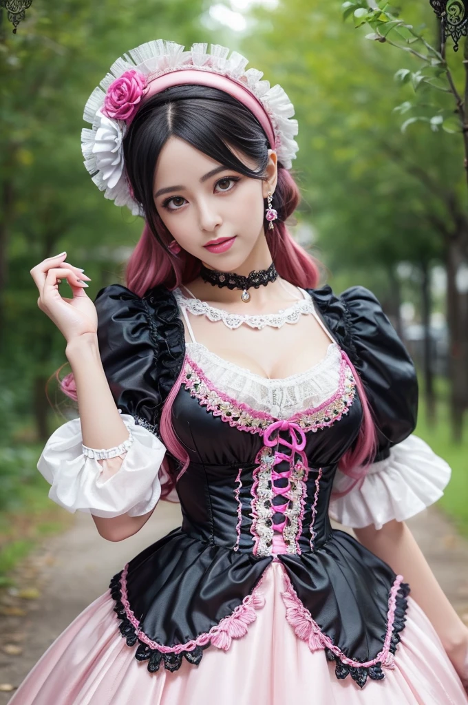 sexy stylish Spanish model, only 1 female, ((doll-like appearance)), long neon pink stylish hair, ((ultra detailed Victorian-Style boots)), beautiful smile, ultra detailed eyes, vivid eye makeup, lipgloss, long lashes, defined eyebrows, ((sexy Paradise Kiss cosplay)), bell-shaped skirt, petticoats, high neckline, puffed sleeves, (( ultra detailed lace)), ((ultra detailed embroidery)), intricate details, Paradise Kiss accessoires and matching headpiece, choker, ((large sparkling Paradise Kiss jewelry)), cinematic light, detailed large park background with trees 