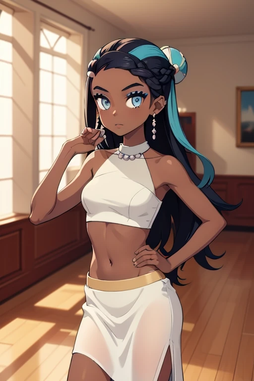 masterpiece, best quality, solo, 1girl, nessadress, dark skin, makeup, expressionless, looking at viewer, standing, hand on hip, single hair bun, white dress, midriff, bare midriff, navel, crop top, underboob, sleeveless, pearl necklace, earrings, indoors, ballroom 