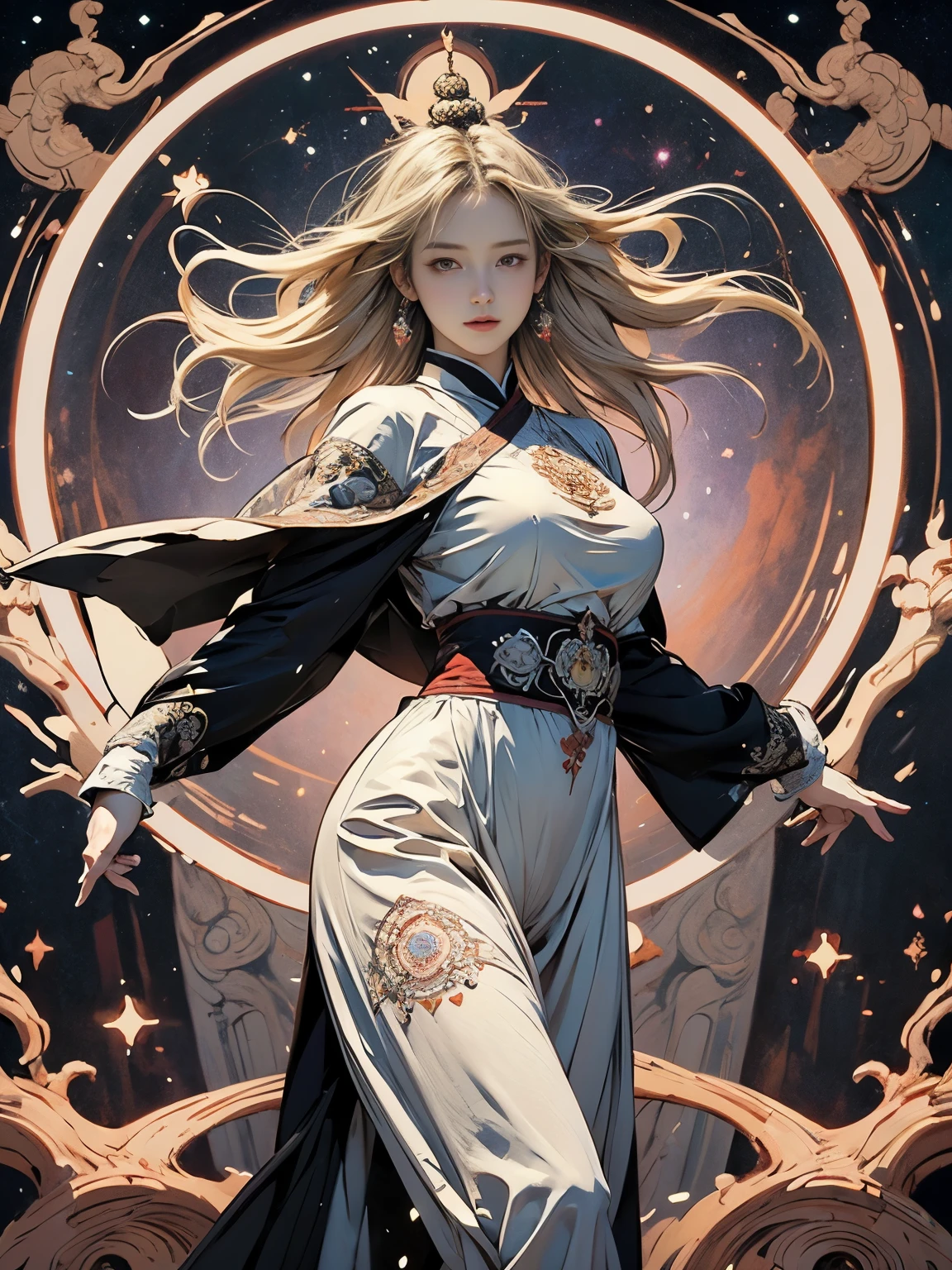Zerg Queen Beautiful Girl: Ranlinger, 18 years old, astrologer, Messy Hair, oil, Romanticism painting, beautiful Perfect Face, Soft Skin, Perfect Face, Yasutomo Oka's painting style, Big Breasts, Add light purple and purple, Add Light Red, Intricate details, Splash screen, 8K resolution, masterpiece, Serious, Space, (mysterious magic circle background, Buddhist Mandala:1.3), Colorful background, aura, Sharp Eyes, Break, Blonde, dynamic sexy poses, Strong winds, Mr.々Light source, Colorful light, Crystal Jade, Celestial globe, Four Holy Beasts, constellation