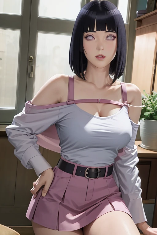 score_9_up, score_8_up, score_7_up, 1girl, solo, mature female, ((Mikasa Ackerman)), ((black very short hair)), ((black pixie cut)), black eyes, pink lips, fit slim body,(((perfect erected medium breast))) (((pink tight top, tight jean shorts, black harness))), (((highly detailed bedroom, window, bed))), perfect fit model body, wide hips, shy smile, seductive pose