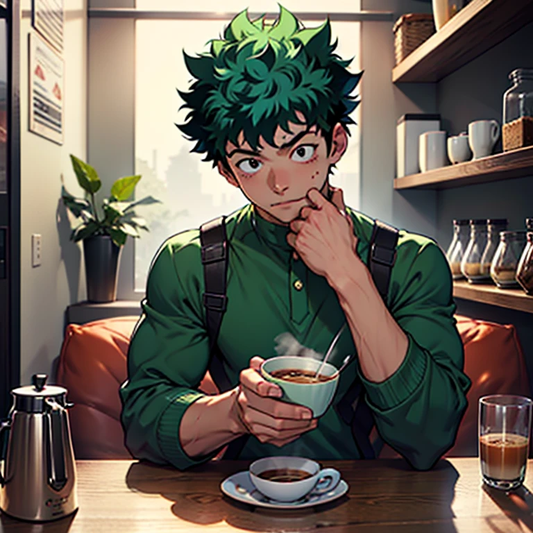 Strong adult version of Izuku Midoriya, sostiene una taza de cafe caliente con su mano derecha. Mientras observa con calma hacia la cuarta pared