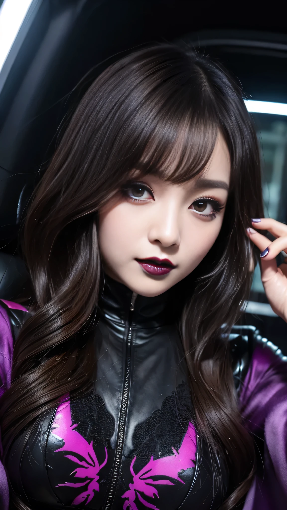 best quality、ultra-detailed、4k、Japanese、Seductive beauty、seductive adult woman、Pretty Woman、cool girl、Villainess、Brainwashed、brainwash、Fallen into evil、smirk、Evil look、Wicked Smile、evil、Brown hair、wavy hair、swept bangs、dark makeup、dark makeup、piercing eyes、hollow eyes,half-closed eyes、Hollow Eyes、purple Eyeshadow、black lipstick、black lipglos、night、inside darkroom、Are standing、shoot from below、Spider-patterned full-body tights、Have lipstick、spider、Emblem of Evil、Crest of Darkness、Swear allegiance、I have pledged my allegiance、Dye black、Blackening、Stained with evil、Dyed in darkness、Seduce
