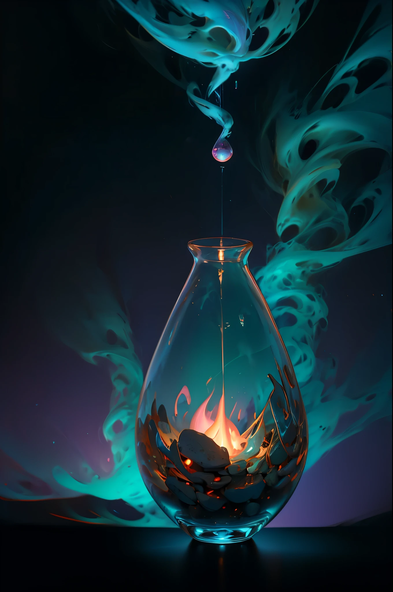 there is a photo of a bottle with a smoky design, painting of one health potion, potion of healing, potion, ethereal essence, Arte conceptual arcano, artefacto dota2, magical potions, magical highlight of concept art, casting a spell on a potion, JAR de artefactos SCP hiperdetallados, Concepto de alquimia, Hechizos invertidos oscuros, arte conceptual oscuro fotorrealista, magic artifact