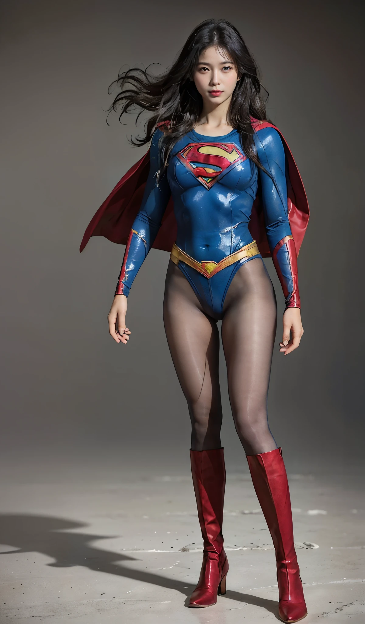 No background、(((Beautiful legs in black tights.)))、(((Legally express the beauty of your smile)))、((((Make the most of your original images)))、(((Body-hugging Supergirl costume)))、(((Supergirl Costume)))、(((Beautiful short hair)))、(((She is winking cutely.)))、(((Please wear black tights....、Wear red boots)))、((Best image quality、8k))、((highest quality、8k、masterpiece:1.3))、(((Preserve background )))、Sharp focus:1.2、Beautiful woman with perfect figure:1.4、Slim Abs:1.2、Wet body:1.5、Highly detailed face and skin texture、8k