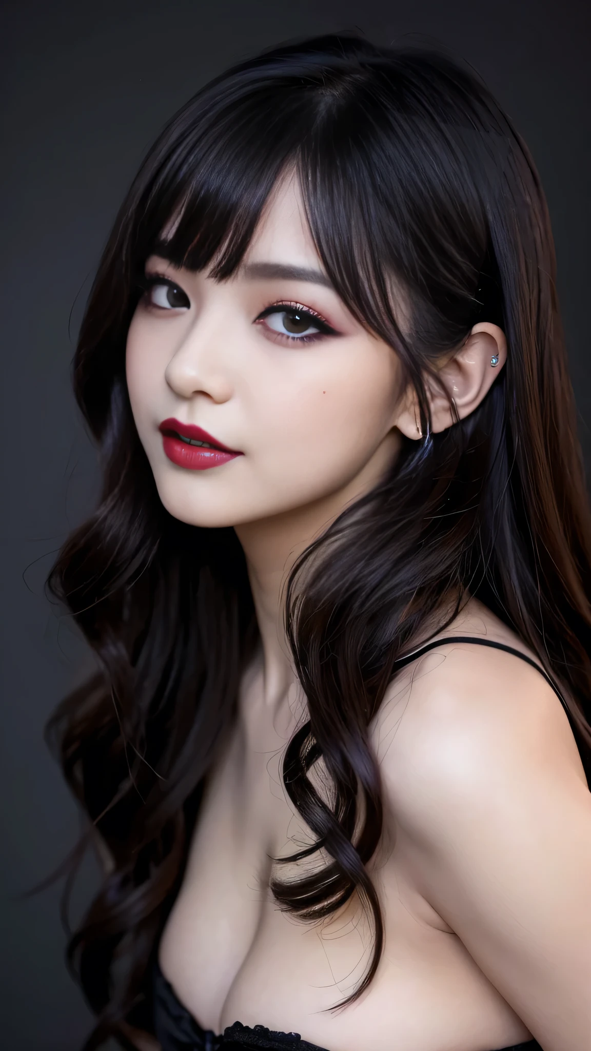 best quality、ultra-detailed、4k、Japanese、Seductive beauty、seductive adult woman、Pretty Woman、cool girl、Villainess、Brainwashed、brainwash、Fallen into evil、smirk、Evil look、Wicked Smile、evil、Brown hair、wavy hair、swept bangs、dark makeup、dark makeup、piercing eyes、hollow eyes,half-closed eyes、Hollow Eyes、purple Eyeshadow、black lipstick、black lipglos、night、inside darkroom、Are standing、shoot from below、Spider-patterned full-body tights、Have lipstick、spider、Emblem of Evil、Crest of Darkness、Swear allegiance、I have pledged my allegiance、Dye black、Blackening、Stained with evil、Dyed in darkness、Seduce