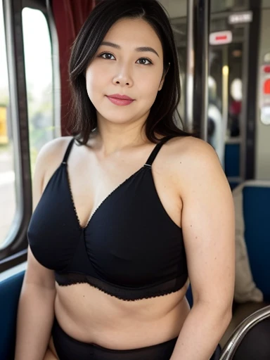 8k quality,masterpiece,best quality,Chest:2.5),50 year old woman,Black underwear,Black panties,Black tights,Inside the tram