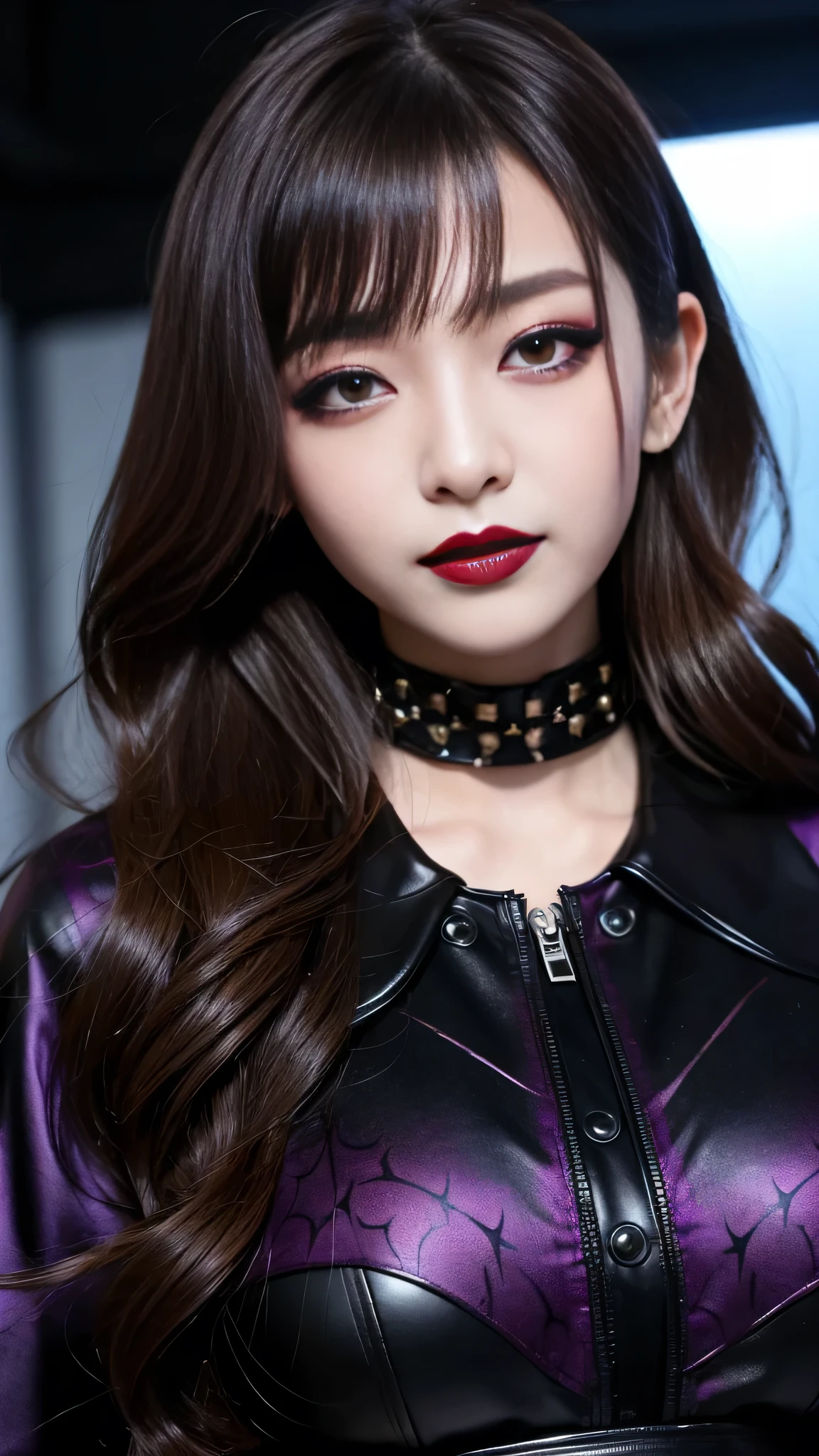best quality、ultra-detailed、4k、Japanese、Seductive beauty、seductive adult woman、Pretty Woman、cool girl、Villainess、Brainwashed、brainwash、Fallen into evil、smirk、Evil look、Wicked Smile、evil、Brown hair、wavy hair、swept bangs、dark makeup、dark makeup、piercing eyes、hollow eyes,half-closed eyes、Hollow Eyes、purple Eyeshadow、black lipstick、black lipglos、Dark Costume、Costume of Evil、female cadres、night、inside school、Have lipstick、Emblem of Evil、Crest of Darkness、Swear allegiance、I have pledged my allegiance、Dye black、Blackening、Stained with evil、Dyed in darkness、Seduce