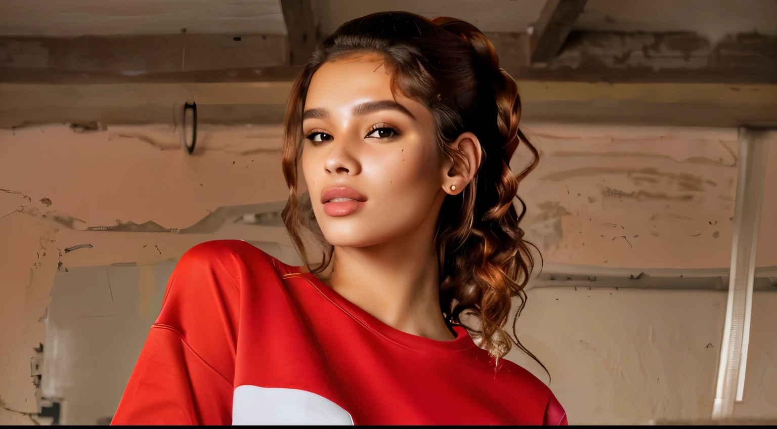 beautiful brazilian woman in a red and white t-shirt posing for a photo, portrait, madison queen soft devil beer, pokimane, long orange sweatshirt, girl with messy hairstyle, pretty girl, red clothes hd, realistic, latina, pretty face