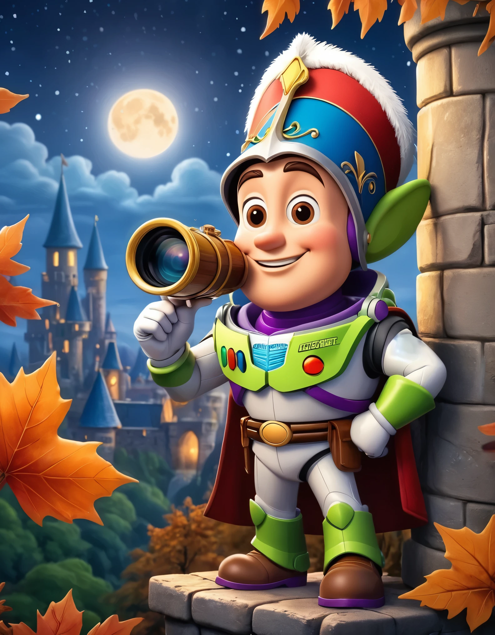 Cute cartoon illustration, (masterpiece in maximum 16K resolution, superb quality, ultra detailed:1.3), menacing ((Buzz Lightyear)) holding a decorative sharp scythe with the ((heart-shaped glowing top)), ((wearing an intricately designed sophisticated full dark cloak)) of purple, summer forest cemetery at misty night, (grand obelisk), ((blurry background)).