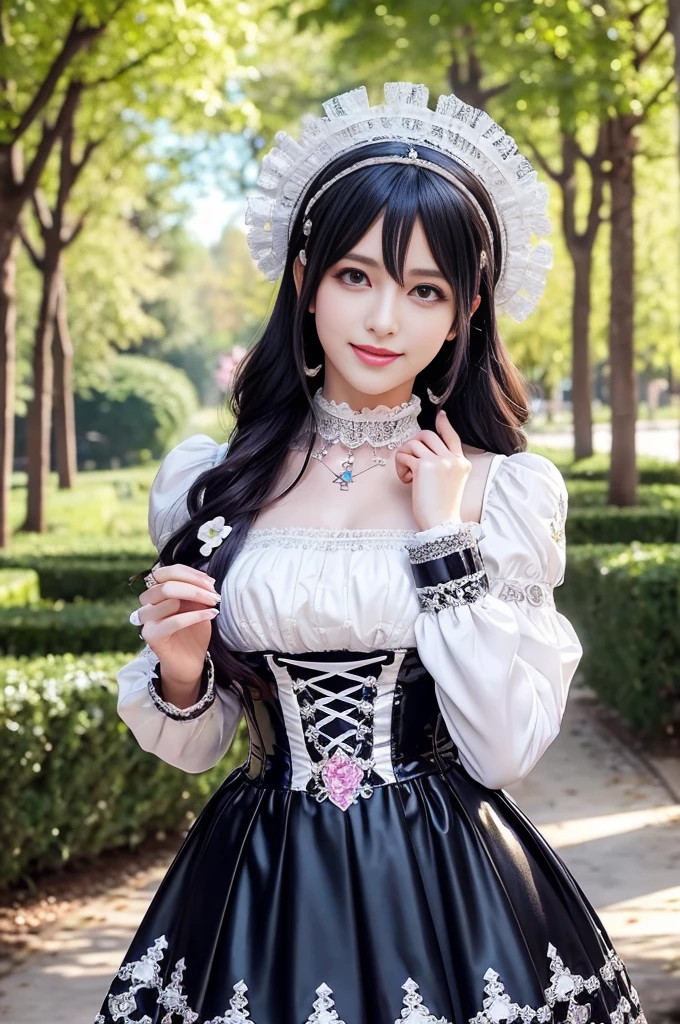 sexy stylish Swedish model, only 1 female, ((doll-like appearance)), ((shiny Victorian-Style boots)), beautiful smile, ultra detailed eyes, vivid eye makeup, lipgloss, long lashes, defined eyebrows, ((sexy Paradise Kiss cosplay)), bell-shaped skirt, petticoats, high neckline, puffed sleeves, (( ultra detailed lace)), ((ultra detailed embroidery)), intricate details, Paradise Kiss accessoires and matching headpiece, choker, ((large sparkling Paradise Kiss jewelry)), cinematic light, detailed large park background with trees