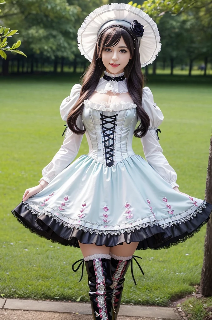 sexy stylish Swedish model, only 1 female, ((doll-like appearance)), ((shiny Victorian-Style boots)), beautiful smile, ultra detailed eyes, vivid eye makeup, lipgloss, long lashes, defined eyebrows, ((sexy Paradise Kiss cosplay)), bell-shaped skirt, petticoats, high neckline, puffed sleeves, (( ultra detailed lace)), ((ultra detailed embroidery)), intricate details, Paradise Kiss accessoires and matching headpiece, choker, ((large sparkling Paradise Kiss jewelry)), cinematic light, detailed large park background with trees 