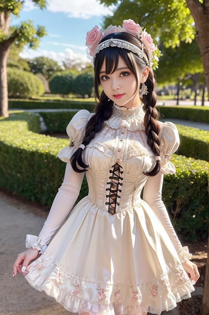 sexy stylish female model, only 1 female, ((doll-like appearance)), ((ultra detailed Victorian-Style boots)), beautiful smile, ultra detailed eyes, vivid eye makeup, lipgloss, long lashes, defined eyebrows, ((sexy Paradise Kiss cosplay)), bell-shaped skirt, petticoats, high neckline, puffed sleeves, (( ultra detailed lace)), ((ultra detailed embroidery)), intricate details, Paradise Kiss accessoires and matching headpiece, choker, ((large sparkling Paradise Kiss jewelry)), cinematic light, detailed large park background with trees 