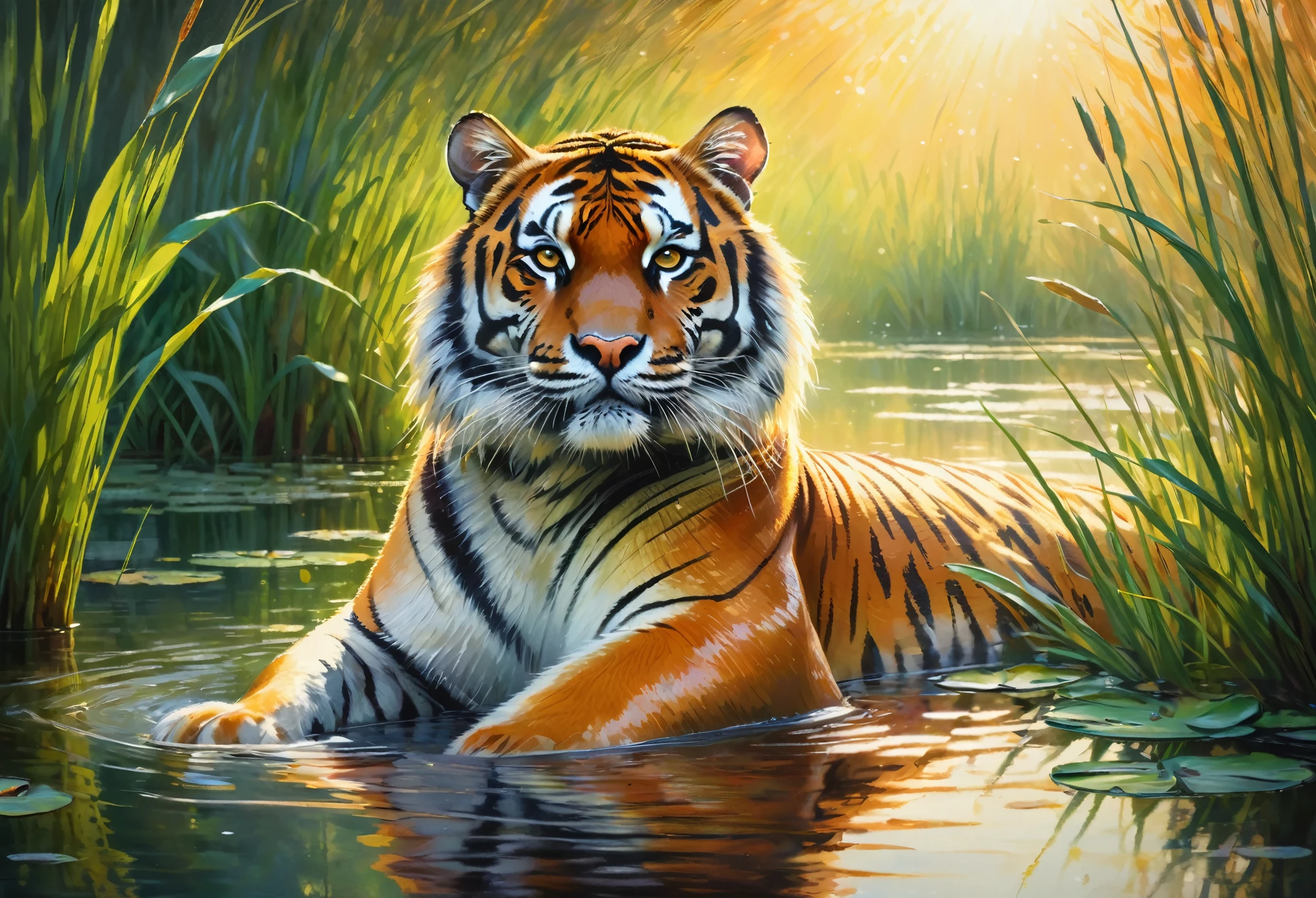 highest quality,4K,8k,High resolution,masterpiece:1.2,Super detailed,Realistic:1.37,Tiger portrait,Beautiful fine details,Beautiful fine fur stripes,Vibrant colors,Impressionist style,landscape painting style,Claude Monet style,water lily,Water surface reflection,Speckled sunlight,Subtle brushwork,Soft pastel colors,Mysterious atmosphere,natural environment,Tall grass and reeds,Quiet and peaceful environment,Tiger staring into the distance,Graceful and powerful posture,Bright orange and yellow splashes,wood々Sunlight shining through,Soft and dreamy texture,Play of light and shadow,Peaceful coexistence of nature and wildlife,A sense of calm and serenity,The tiger's features are carefully captured in detail.,subtle color changes,An impressionistic interpretation of the tiger's natural habitat