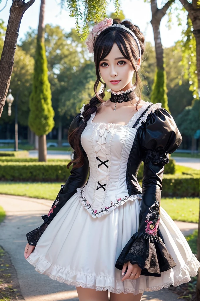 sexy stylish Swedish model, only 1 female, ((doll-like appearance)), ((ultra detailed Victorian-Style boots)), beautiful smile, ultra detailed eyes, vivid eye makeup, lipgloss, long lashes, defined eyebrows, ((sexy Paradise Kiss cosplay)), bell-shaped skirt, petticoats, high neckline, puffed sleeves, (( ultra detailed lace)), ((ultra detailed embroidery)), intricate details, Paradise Kiss accessoires and matching headpiece, choker, ((large sparkling Paradise Kiss jewelry)), cinematic light, detailed large park background with trees 