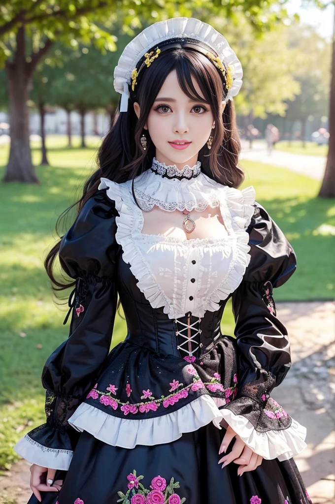 sexy stylish Spanish model, only 1 female, ((doll-like appearance)), ((ultra detailed Victorian-Style boots)), beautiful smile, ultra detailed eyes, vivid eye makeup, lipgloss, long lashes, defined eyebrows, ((sexy Paradise Kiss cosplay)), bell-shaped skirt, petticoats, high neckline, puffed sleeves, (( ultra detailed lace)), ((ultra detailed embroidery)), intricate details, Paradise Kiss accessoires and matching headpiece, choker, ((large sparkling Paradise Kiss jewelry)), cinematic light, detailed large park background with trees