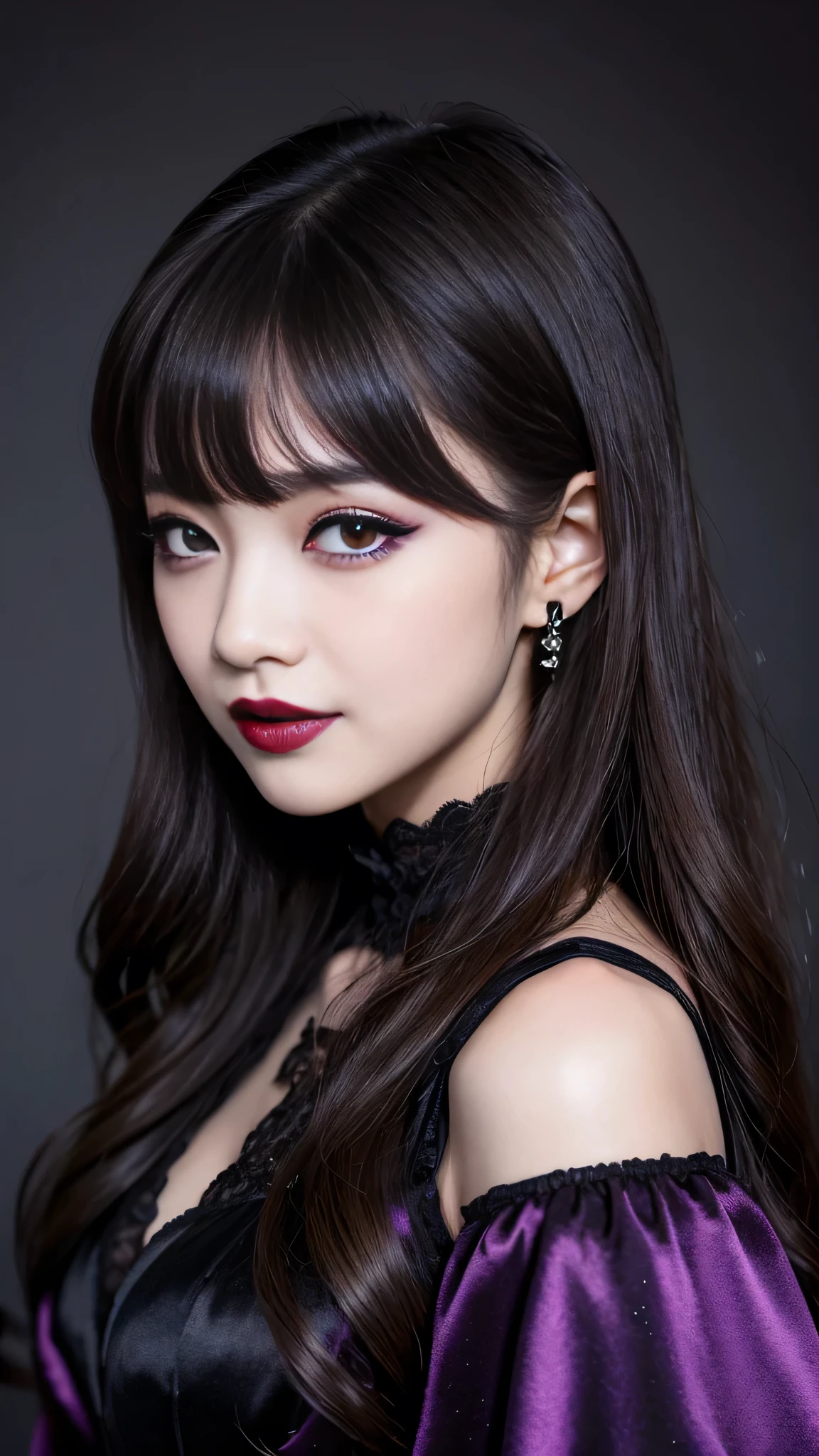 best quality、ultra-detailed、4k、Japanese、Seductive beauty、seductive adult woman、Pretty Woman、cool girl、Villainess、Brainwashed、brainwash、Fallen into evil、smirk、Evil look、Wicked Smile、evil、Brown hair、wavy hair、swept bangs、dark makeup、dark makeup、piercing eyes、hollow eyes,half-closed eyes、Hollow Eyes、purple Eyeshadow、black lipstick、black lipglos、night、inside darkroom、Are standing、shoot from below、bodystocking、bodypantyhose、Spider's full body tights、Have lipstick、spider、Emblem of Evil、Crest of Darkness、Swear allegiance、I have pledged my allegiance、Dye black、Blackening、Stained with evil、Dyed in darkness、Seduce