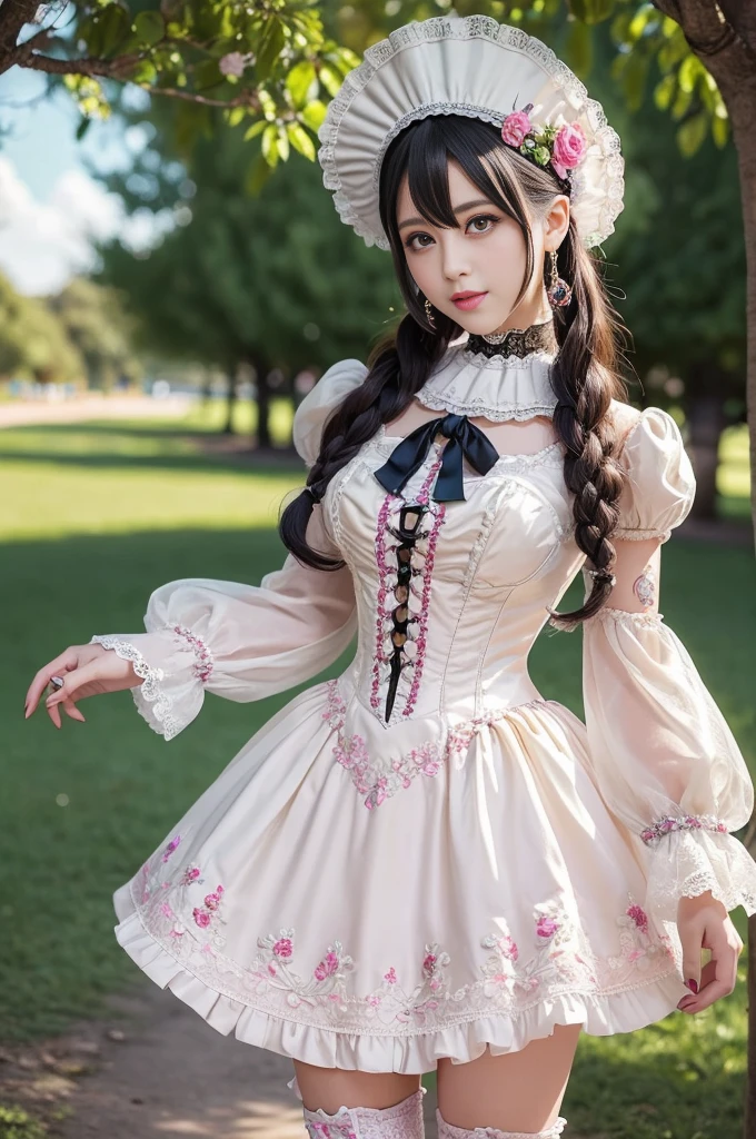 sexy stylish female model, only 1 female, ((doll-like appearance)), ((ultra detailed Victorian-Style boots)), beautiful smile, ultra detailed eyes, vivid eye makeup, lipgloss, long lashes, defined eyebrows, ((sexy Paradise Kiss cosplay)), bell-shaped skirt, petticoats, high neckline, puffed sleeves, (( ultra detailed lace)), ((ultra detailed embroidery)), intricate details, Paradise Kiss accessoires and matching headpiece, choker, ((large sparkling Paradise Kiss jewelry)), cinematic light, detailed large park background with trees
