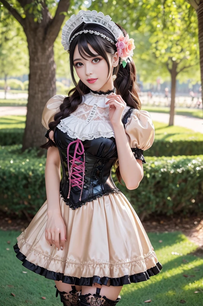 sexy stylish female model, only 1 female, ((doll-like appearance)), ((ultra detailed Victorian-Style boots)), beautiful smile, ultra detailed eyes, vivid eye makeup, lipgloss, long lashes, defined eyebrows, ((sexy Paradise Kiss cosplay)), bell-shaped skirt, petticoats, high neckline, puffed sleeves, (( ultra detailed lace)), ((ultra detailed embroidery)), intricate details, Paradise Kiss accessoires and matching headpiece, choker, ((large sparkling Paradise Kiss jewelry)), cinematic light, detailed large park background with trees
