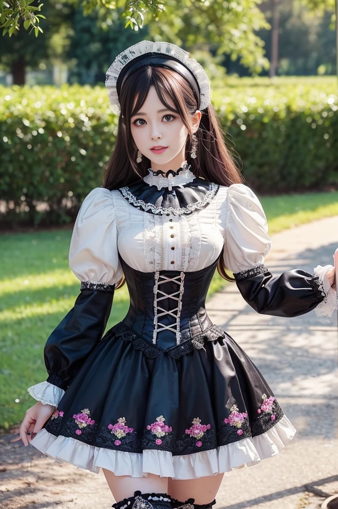 sexy stylish female model, only 1 female, ((doll-like appearance)), ((ultra detailed Victorian-Style boots)), beautiful smile, ultra detailed eyes, vivid eye makeup, lipgloss, long lashes, defined eyebrows, ((sexy Paradise Kiss cosplay)), bell-shaped skirt, petticoats, high neckline, puffed sleeves, (( ultra detailed lace)), ((ultra detailed embroidery)), intricate details, Paradise Kiss accessoires and matching headpiece, choker, ((large sparkling Paradise Kiss jewelry)), cinematic light, detailed large park background with trees