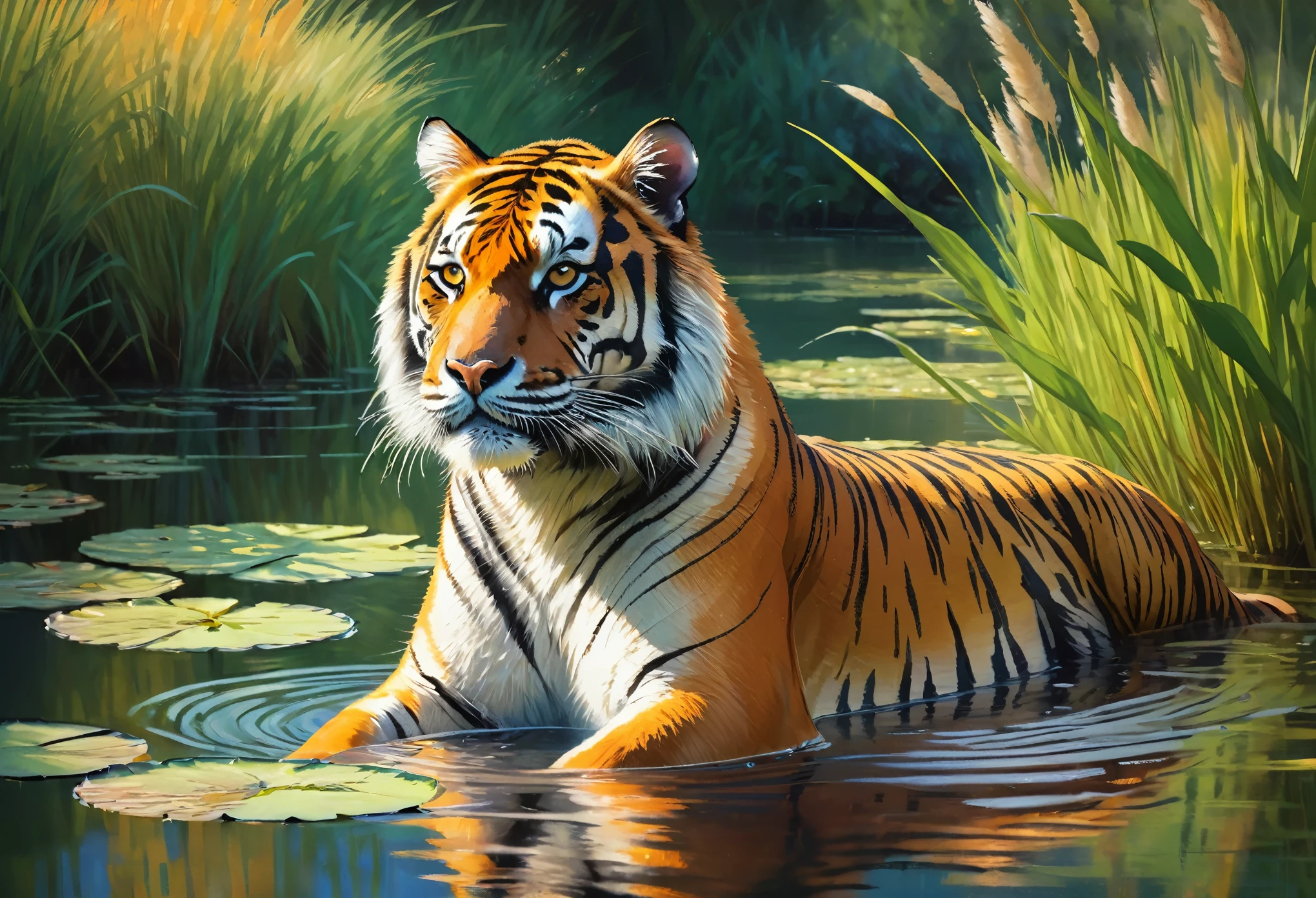 highest quality,4K,8k,High resolution,masterpiece:1.2,Super detailed,Realistic:1.37,Tiger portrait,Beautiful fine details,Beautiful fine fur stripes,Vibrant colors,Impressionist style,landscape painting style,Claude Monet style,water lily,Water surface reflection,Speckled sunlight,Subtle brushwork,Soft pastel colors,Mysterious atmosphere,natural environment,Tall grass and reeds,Quiet and peaceful environment,Tiger staring into the distance,Graceful and powerful posture,Bright orange and yellow splashes,wood々Sunlight shining through,Soft and dreamy texture,Play of light and shadow,Peaceful coexistence of nature and wildlife,A sense of calm and serenity,The tiger&#39;s features are carefully captured in detail.,subtle color changes,An impressionistic interpretation of the tiger&#39;s natural habitat