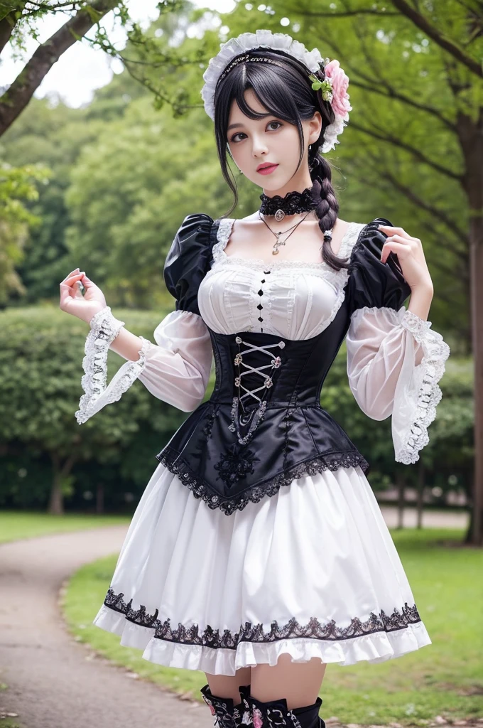 sexy stylish Swedish model, only 1 female, ((doll-like appearance)), ((ultra detailed Victorian-Style boots)), beautiful smile, ultra detailed eyes, vivid eye makeup, lipgloss, long lashes, defined eyebrows, ((sexy Paradise Kiss cosplay)), bell-shaped skirt, petticoats, high neckline, puffed sleeves, (( ultra detailed lace)), ((ultra detailed embroidery)), intricate details, Paradise Kiss accessoires and matching headpiece, choker, ((large sparkling Paradise Kiss jewelry)), cinematic light, detailed large park background with trees 