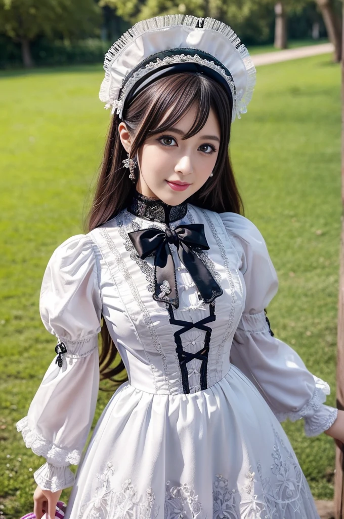 sexy stylish Swedish model, only 1 female, ((doll-like appearance)), ((ultra detailed Victorian-Style boots)), beautiful smile, ultra detailed eyes, vivid eye makeup, lipgloss, long lashes, defined eyebrows, ((sexy Paradise Kiss cosplay)), bell-shaped skirt, petticoats, high neckline, puffed sleeves, (( ultra detailed lace)), ((ultra detailed embroidery)), intricate details, Paradise Kiss accessoires and matching headpiece, choker, ((large sparkling Paradise Kiss jewelry)), cinematic light, detailed large park background with trees