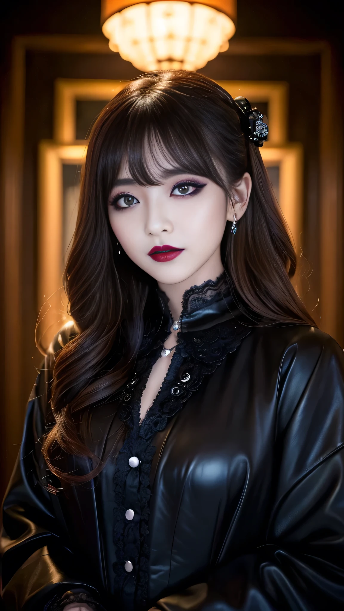 best quality、ultra-detailed、4k、Japanese、Seductive beauty、seductive adult woman、Pretty Woman、cool girl、Villainess、Brainwashed、brainwash、Fallen into evil、smirk、Evil look、Wicked Smile、evil、Brown hair、wavy hair、swept bangs、dark makeup、dark makeup、piercing eyes、hollow eyes,half-closed eyes、Hollow Eyes、purple Eyeshadow、black lipstick、black lipglos、night、inside darkroom、Are standing、shoot from below、Black Wedding Dress、Have lipstick、spider、Emblem of Evil、Crest of Darkness、Swear allegiance、I have pledged my allegiance、Dye black、Blackening、Stained with evil、Dyed in darkness、Seduce