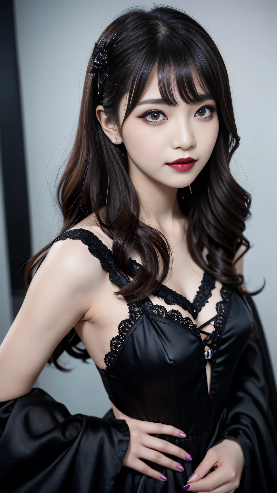 best quality、ultra-detailed、4k、Japanese、Seductive beauty、seductive adult woman、Pretty Woman、cool girl、Villainess、Brainwashed、brainwash、Fallen into evil、smirk、Evil look、Wicked Smile、evil、Brown hair、wavy hair、swept bangs、dark makeup、dark makeup、piercing eyes、hollow eyes,half-closed eyes、Hollow Eyes、purple Eyeshadow、black lipstick、black lipglos、night、inside darkroom、Are standing、shoot from below、Black Wedding Dress、Have lipstick、spider、Emblem of Evil、Crest of Darkness、Swear allegiance、I have pledged my allegiance、Dye black、Blackening、Stained with evil、Dyed in darkness、Seduce