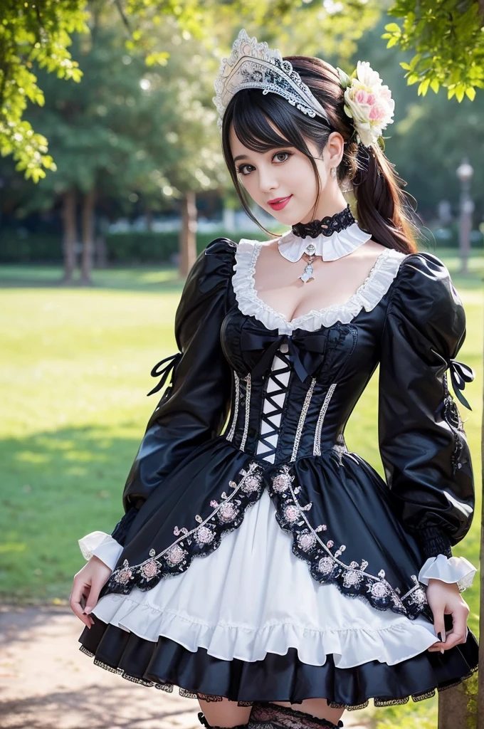 sexy stylish Spanish model, only 1 female, ((doll-like appearance)), ((ultra detailed Victorian-Style boots)), beautiful smile, ultra detailed eyes, vivid eye makeup, lipgloss, long lashes, defined eyebrows, ((sexy Paradise Kiss cosplay)), bell-shaped skirt, petticoats, high neckline, puffed sleeves, (( ultra detailed lace)), ((ultra detailed embroidery)), intricate details, Paradise Kiss accessoires and matching headpiece, choker, ((large sparkling Paradise Kiss jewelry)), cinematic light, detailed large park background with trees