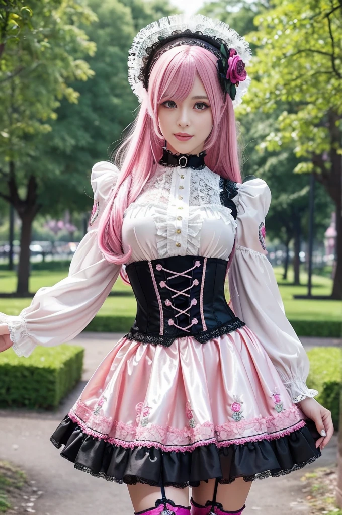 sexy stylish Swedish model, only 1 female, ((doll-like appearance)), long neon pink stylish hair, ((shiny Victorian-Style boots)), beautiful smile, ultra detailed eyes, vivid eye makeup, lipgloss, long lashes, defined eyebrows, ((sexy Paradise Kiss cosplay)), bell-shaped skirt, petticoats, high neckline, puffed sleeves, (( ultra detailed lace)), ((ultra detailed embroidery)), intricate details, Paradise Kiss accessoires and matching headpiece, choker, ((large sparkling Paradise Kiss jewelry)), cinematic light, detailed large park background with trees 