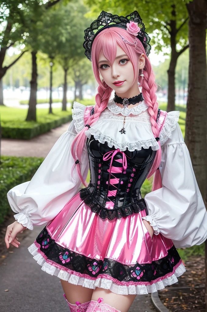 sexy stylish Swedish model, only 1 female, ((doll-like appearance)), long neon pink stylish hair, ((shiny Victorian-Style boots)), beautiful smile, ultra detailed eyes, vivid eye makeup, lipgloss, long lashes, defined eyebrows, ((sexy Paradise Kiss cosplay)), bell-shaped skirt, petticoats, high neckline, puffed sleeves, (( ultra detailed lace)), ((ultra detailed embroidery)), intricate details, Paradise Kiss accessoires and matching headpiece, choker, ((large sparkling Paradise Kiss jewelry)), cinematic light, detailed large park background with trees