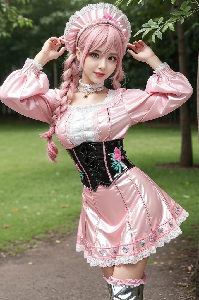 sexy stylish Swedish model, only 1 female, ((doll-like appearance)), long neon pink stylish hair, ((shiny Victorian-Style boots)), beautiful smile, ultra detailed eyes, vivid eye makeup, lipgloss, long lashes, defined eyebrows, ((sexy Paradise Kiss cosplay)), bell-shaped skirt, petticoats, high neckline, puffed sleeves, (( ultra detailed lace)), ((ultra detailed embroidery)), intricate details, Paradise Kiss accessoires and matching headpiece, choker, ((large sparkling Paradise Kiss jewelry)), cinematic light, detailed large park background with trees