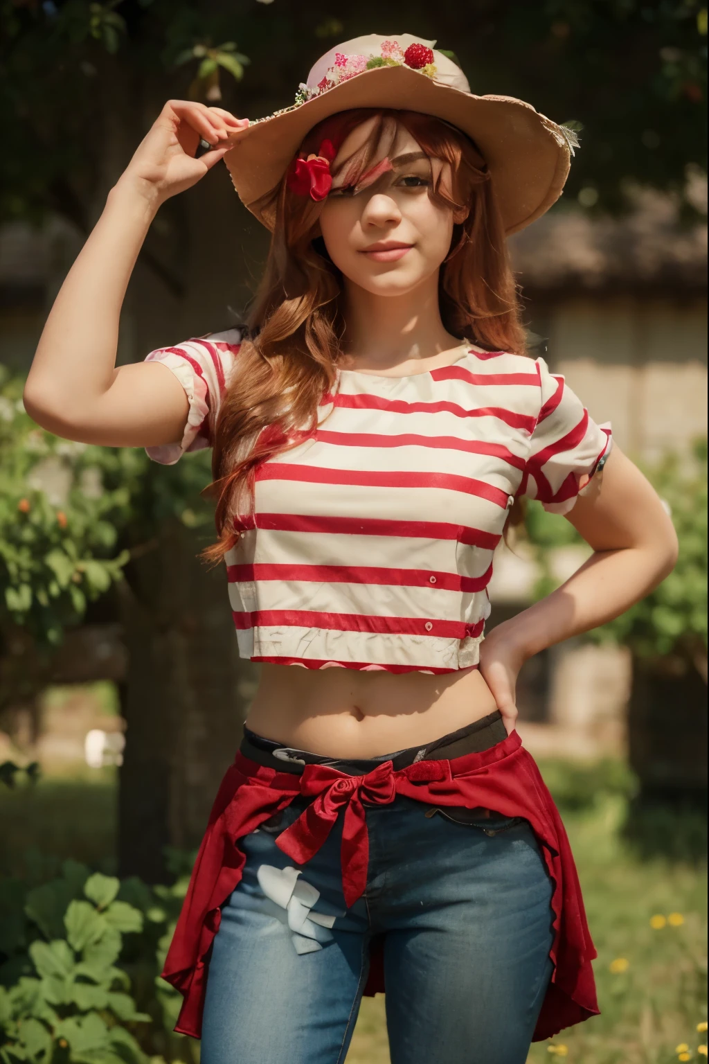 (Best quality, 8k, 32k, Masterpiece, UHD:1.2) "Transform the setting into Strawberryland from Strawberry Shortcake. The scene should be vibrant and colorful, with berry-themed houses and buildings. Include Strawberry Shortcake's Berry Bitty Café, Blueberry Muffin's Bookstore, Lemon Meringue's Hair Salon, Orange Blossom's General Store, Raspberry Torte's Fashion Boutique, Plum Pudding's Dance Studio, Huckleberry Pie’s Honey Hut, and Cherry Jam’s Music Studio. The landscape should be filled with lush green meadows, blooming flowers, and berry bushes. Add a bright blue sky with fluffy white clouds to enhance the cheerful and whimsical atmosphere of Strawberryland."