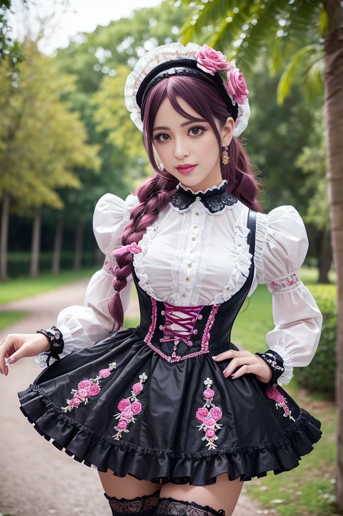 sexy stylish Spanish model, only 1 female, ((doll-like appearance)), long neon pink stylish hair, ((ultra detailed Victorian-Style boots)), beautiful smile, ultra detailed eyes, vivid eye makeup, lipgloss, long lashes, defined eyebrows, ((sexy Paradise Kiss cosplay)), bell-shaped skirt, petticoats, high neckline, puffed sleeves, (( ultra detailed lace)), ((ultra detailed embroidery)), intricate details, Paradise Kiss accessoires and matching headpiece, choker, ((large sparkling Paradise Kiss jewelry)), cinematic light, detailed large park background with trees