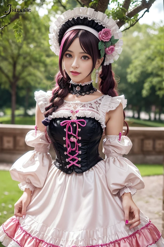 sexy stylish female model, only 1 female, ((doll-like appearance)), long neon pink stylish hair, ((ultra detailed Victorian-Style boots)), beautiful smile, ultra detailed eyes, vivid eye makeup, lipgloss, long lashes, defined eyebrows, ((sexy Paradise Kiss cosplay)), bell-shaped skirt, petticoats, high neckline, puffed sleeves, (( ultra detailed lace)), ((ultra detailed embroidery)), intricate details, Paradise Kiss accessoires and matching headpiece, choker, ((large sparkling Paradise Kiss jewelry)), cinematic light, detailed large park background with trees