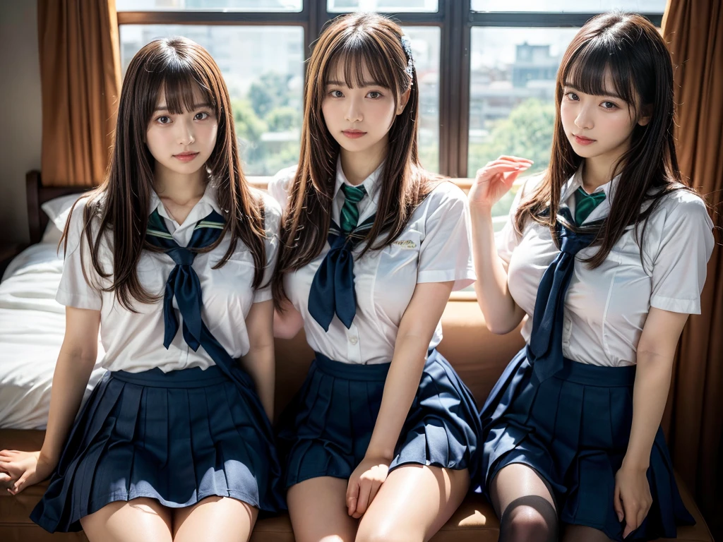 (RAW photo, 4k, masterpiece, high resolution, extremely complex) (realistic: 1.4), cinematic lighting
((2 girls, 2 schoolgirls)),Slam Dunk's,blushing,((innocent)),(Dark makeup),bright eyes,round eyes,blunt bangs,(straight hair:1.3),black hair,large breasts,wide hips,Summer Noon, 20 year old girl、cute type、ta,Hot, (Best Quality), (Highres), (an Extremely Delicate and Beautiful),(Beautiful 8k face),(Brown eyes),short bob hair,( spectators),(gigantic breasts),(Play with each other,Touching each other's bodies,Touching the body),(Japanese high school uniform:1.3),blue skirt,(reality),bright lighting,(The background is a luxury hotel room)