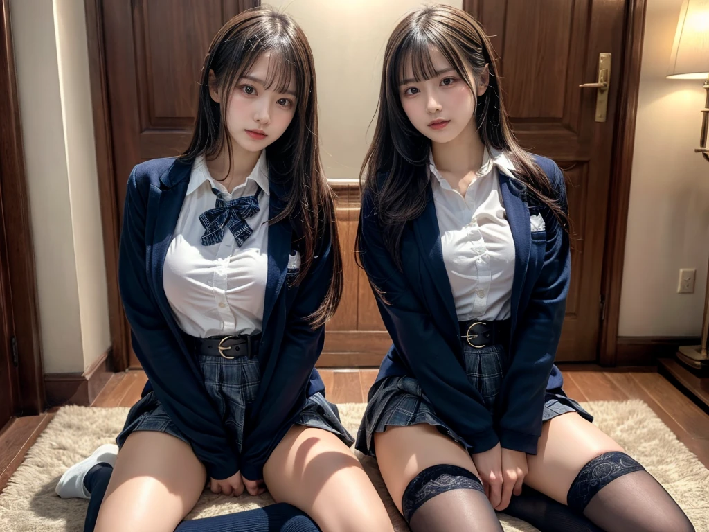 (8K, Raw photography, top-quality, masterpiece:1.2), master piece, best quality, illustration, Super detailed, fine details, High resolution, 8K,wall paper, perfect dynamic composition,(Details High quality, realistic depiction of eyes:1.3), ((2 girls, 2 girls)), The background is a luxury hotel room、High school girl uniform、blazer 、Super Short Check Uniform Skirt、Navy blue high socks、garterbelts、Colossal tits、Disturbed uniform, Play with each other,Touching each other's bodies,Touching the body of the girl next door, short bob hair, black hair color, huge breasts, Big Natural Color Lip, bold sexy pose, (perfect body shape), crying a little、cold gaze, Beautiful makeup,glitter makeup,Cutest 18 years old, beautiful legs, hposing Gravure Idol, Voluptuous thighs