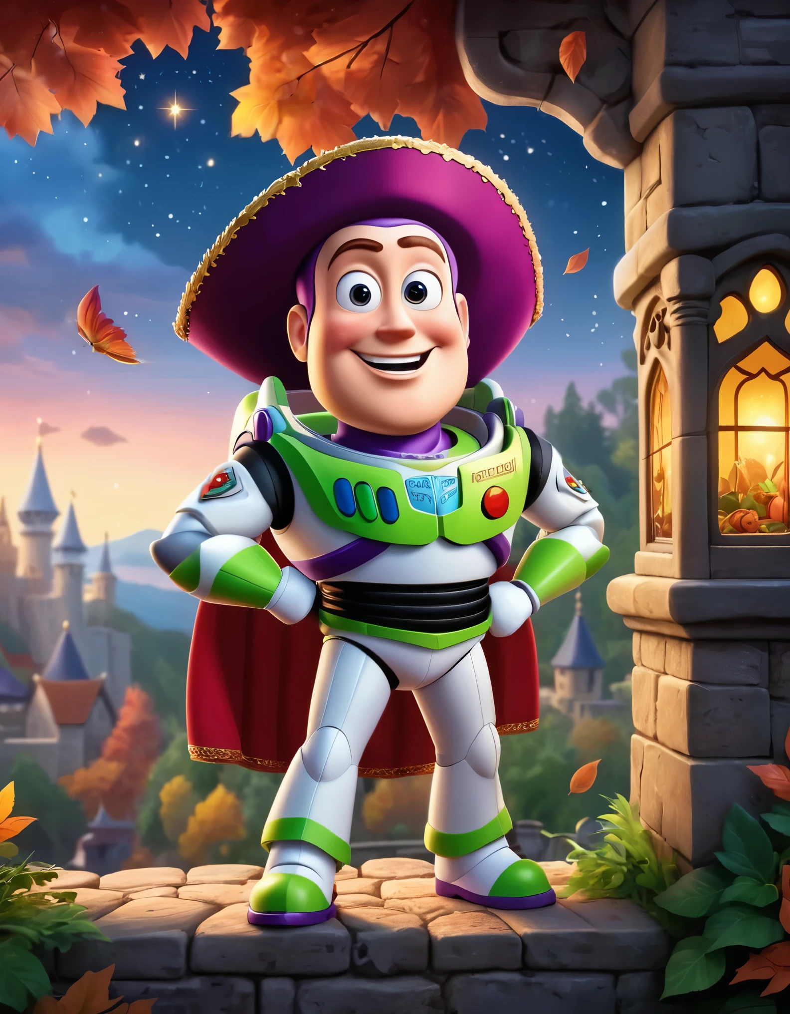 Cute cartoon illustration, (masterpiece in maximum 16K resolution, superb quality, ultra detailed:1.3), menacing ((Buzz Lightyear)) holding a decorative sharp scythe with the ((heart-shaped glowing top)), ((wearing an intricately designed sophisticated full dark cloak)) of purple, summer forest cemetery at misty night, (grand obelisk), ((blurry background)).