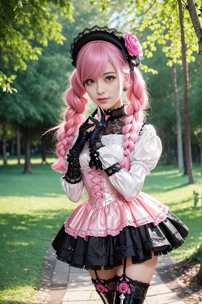 sexy stylish Swedish model, only 1 female, ((doll-like appearance)), long neon pink stylish hair, ((shiny Victorian-Style boots)), beautiful smile, ultra detailed eyes, vivid eye makeup, lipgloss, long lashes, defined eyebrows, ((sexy Paradise Kiss cosplay)), bell-shaped skirt, petticoats, high neckline, puffed sleeves, (( ultra detailed lace)), ((ultra detailed embroidery)), intricate details, Paradise Kiss accessoires and matching headpiece, choker, ((large sparkling Paradise Kiss jewelry)), cinematic light, detailed large park background with trees