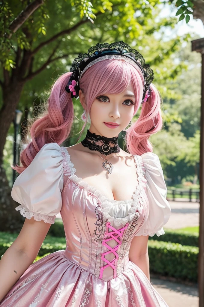 sexy stylish Swedish model, only 1 female, ((doll-like appearance)), long neon pink stylish hair, ((shiny Victorian-Style boots)), beautiful smile, ultra detailed eyes, vivid eye makeup, lipgloss, long lashes, defined eyebrows, ((sexy Paradise Kiss cosplay)), bell-shaped skirt, petticoats, high neckline, puffed sleeves, (( ultra detailed lace)), ((ultra detailed embroidery)), intricate details, Paradise Kiss accessoires and matching headpiece, choker, ((large sparkling Paradise Kiss jewelry)), cinematic light, detailed large park background with trees 