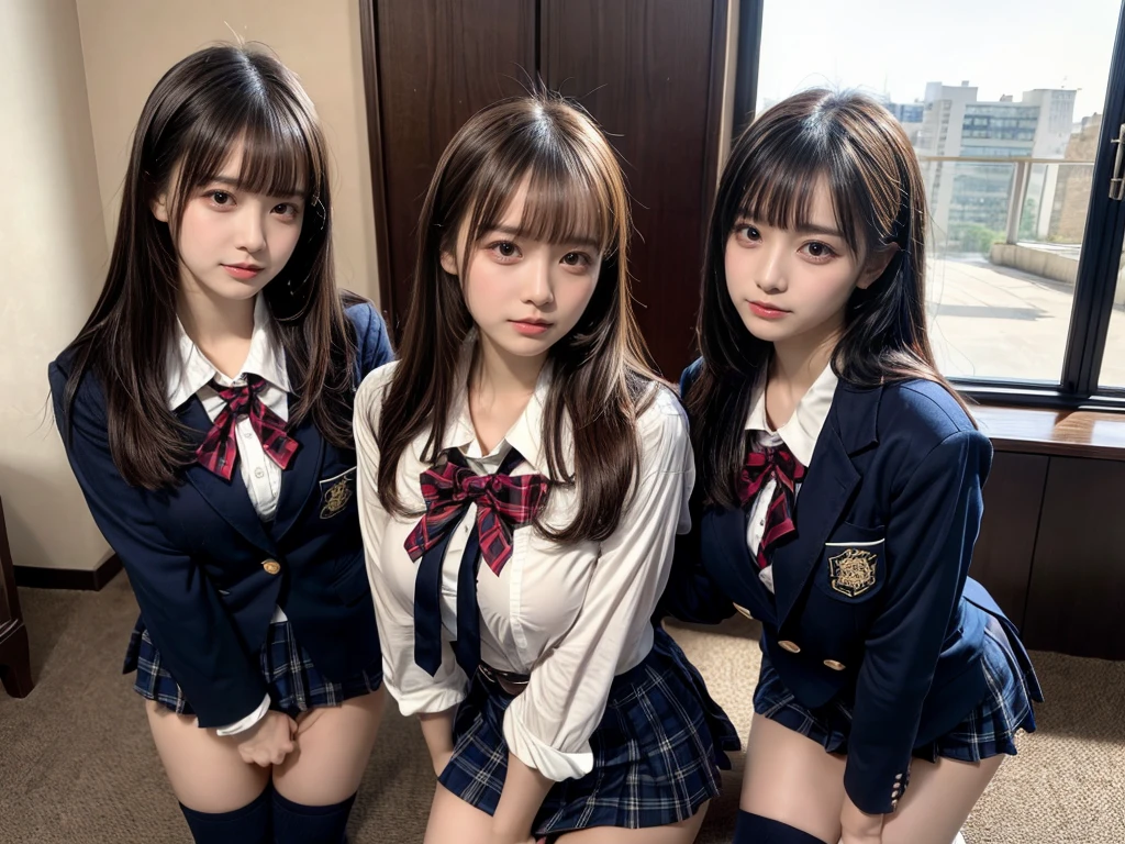 (8K, Raw photography, top-quality, masterpiece:1.2), master piece, best quality, illustration, Super detailed, fine details, High resolution, 8K,wall paper, perfect dynamic composition,(Details High quality, realistic depiction of eyes:1.3), ((2 girls, 2 schoolgirls)), The background is a luxury hotel room、High school girl uniform、blazer 、Super Short Check Uniform Skirt、Navy blue high socks、garterbelts、Colossal tits、Disturbed uniform, Play with each other,Touching each other's bodies,Touching the body of the girl next door, short bob hair, black hair color, huge breasts, Big Natural Color Lip, bold sexy pose, (perfect body shape), crying a little、cold gaze, Beautiful makeup,glitter makeup,Cutest 18 years old, beautiful legs, hposing Gravure Idol, Voluptuous thighs