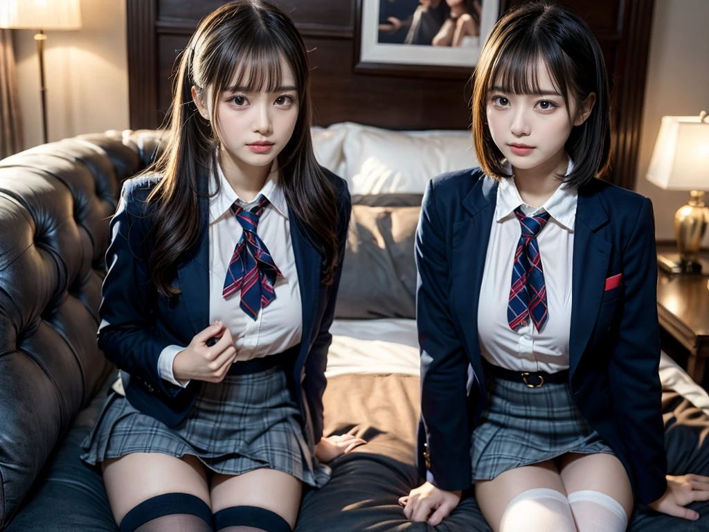 (8K, Raw photography, top-quality, ​masterpiece:1.2), master piece, best quality, illustration, Super detailed, fine details, High resolution, 8K,wall paper, perfect dynamic composition,(Details High quality, realistic depiction of eyes:1.3), ((2 girls, 2 schoolgirls)), The background is a luxury hotel room、High school girl uniform、blazer 、Super Short Check Uniform Skirt、Navy blue high socks、garterbelts、Colossal tits、Disturbed uniform, Play with each other,Touching each other's bodies,Touching the body of the girl next door, short bob hair, black hair color, huge breasts, Big Natural Color Lip, bold sexy pose, (perfect body shape), crying a little、cold gaze,  Beautiful makeup,glitter makeup,Cutest 18 years old, beautiful legs, hposing Gravure Idol, Voluptuous thighs