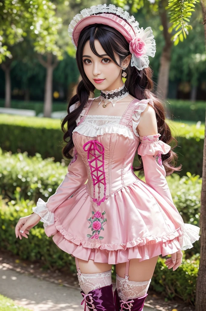 sexy stylish Spanish model, only 1 female, ((doll-like appearance)), long neon pink stylish hair, ((ultra detailed Victorian-Style boots)), beautiful smile, ultra detailed eyes, vivid eye makeup, lipgloss, long lashes, defined eyebrows, ((sexy Paradise Kiss cosplay)), bell-shaped skirt, petticoats, high neckline, puffed sleeves, (( ultra detailed lace)), ((ultra detailed embroidery)), intricate details, Paradise Kiss accessoires and matching headpiece, choker, ((large sparkling Paradise Kiss jewelry)), cinematic light, detailed large park background with trees