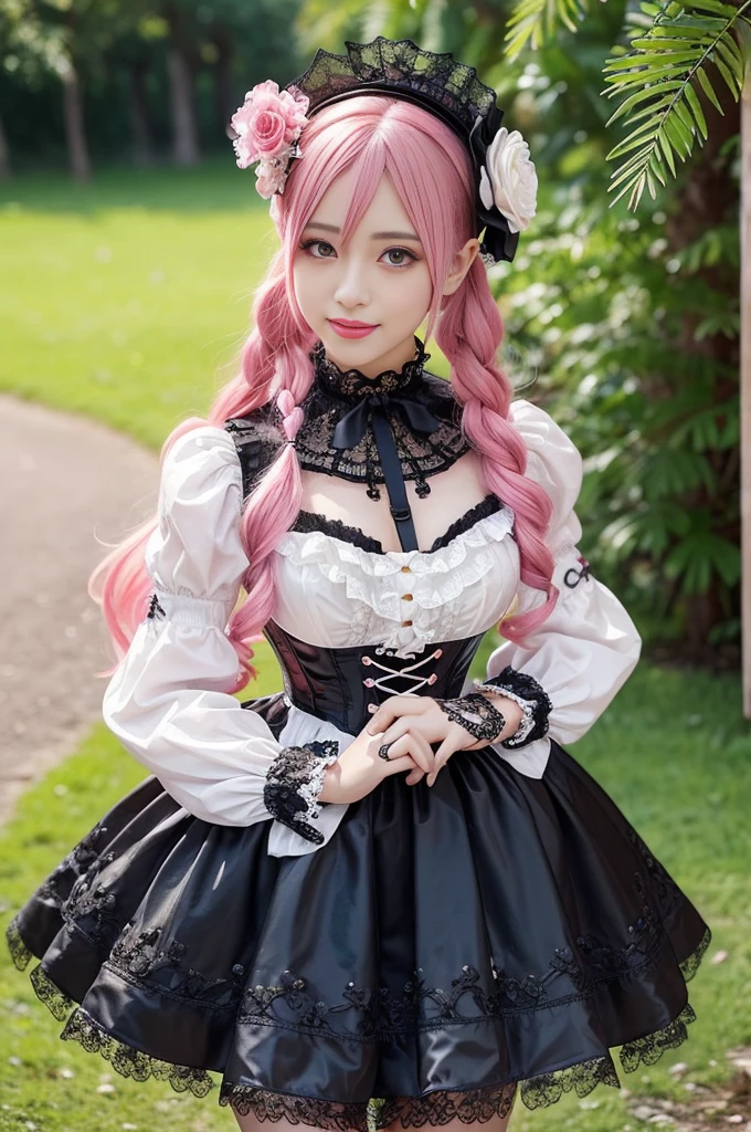 sexy stylish female model, only 1 female, ((doll-like appearance)), long neon pink stylish hair, ((ultra detailed Victorian-Style boots)), beautiful smile, ultra detailed eyes, vivid eye makeup, lipgloss, long lashes, defined eyebrows, ((sexy Paradise Kiss cosplay)), bell-shaped skirt, petticoats, high neckline, puffed sleeves, (( ultra detailed lace)), ((ultra detailed embroidery)), intricate details, Paradise Kiss accessoires and matching headpiece, choker, ((large sparkling Paradise Kiss jewelry)), cinematic light, detailed large park background with trees